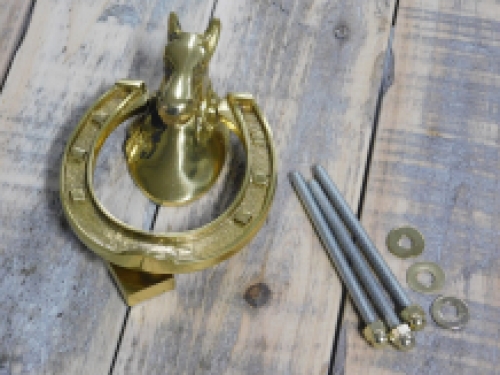 Door knocker horse head on horseshoe, brass gloss.