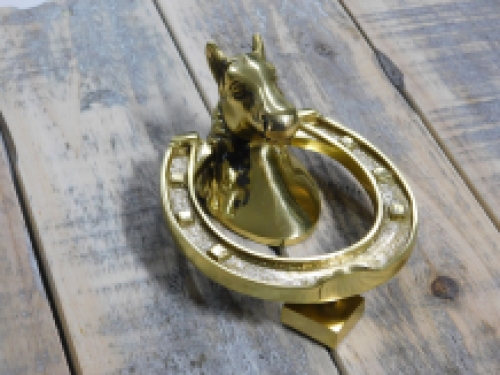 Door knocker horse head on horseshoe, brass gloss.