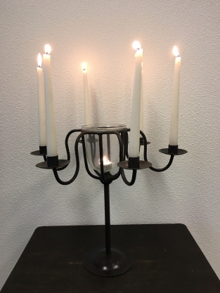 Candlestick wrought iron brown-black, 6 arms, with beautiful light glass!!