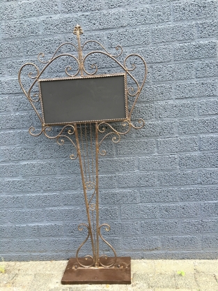 Welcome sign metal on stand, wrought iron brown