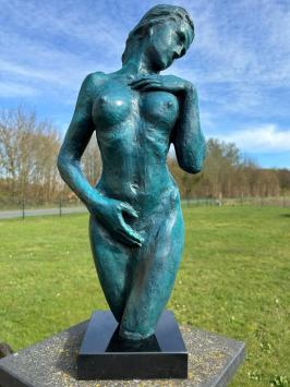 Elegant blue bronze statue of a nude woman on marble base