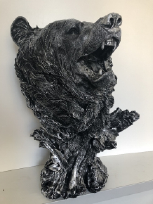 Statue Bear Head - Polystone - Silver Grey with Black