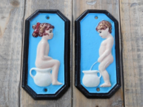 Set van tekens voor de wc-deur, gietijzer geschilderd, Man Vrouw