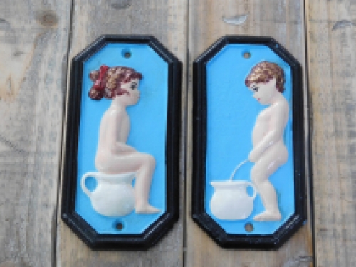 Set van tekens voor de wc-deur, gietijzer geschilderd, Man Vrouw