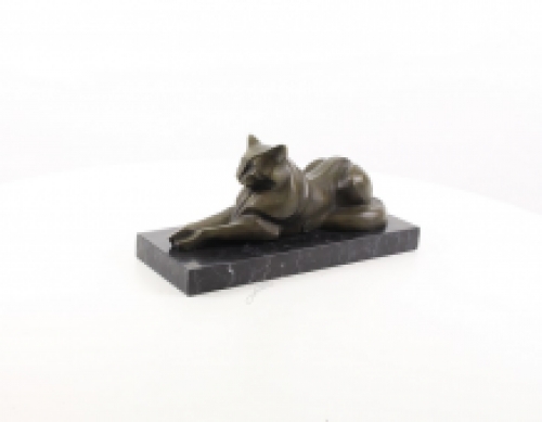 A bronze statue/sculpture of a lying cat, modernist style