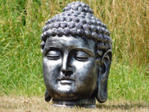 Indonesische Boeddha-hoofd, polystein-grijs-zilver!