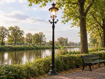 Gartenlaterne schwarz, Mast aus Gusseisen, mit Kupferen Schirm, klassische Außenlampe
