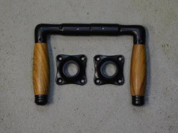 Set of door handles with latch roses - cast iron - black - with teak handles