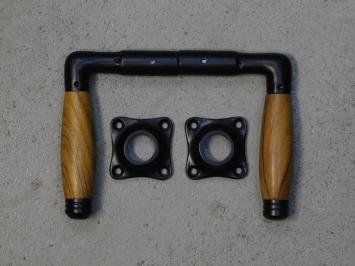 Set of door handles with latch roses - cast iron - black - with teak handles