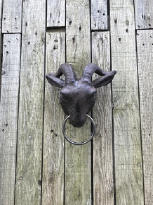 Large door knocker with head of a ram, door knocker with ring, heavy cast iron