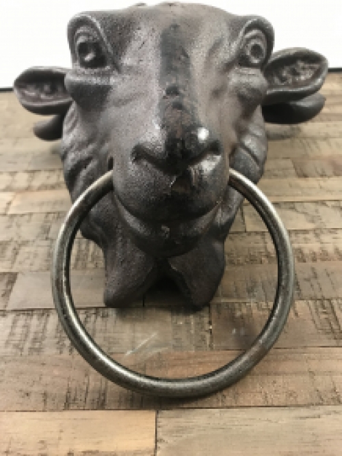 Large door knocker with head of a ram, door knocker with ring, heavy cast iron