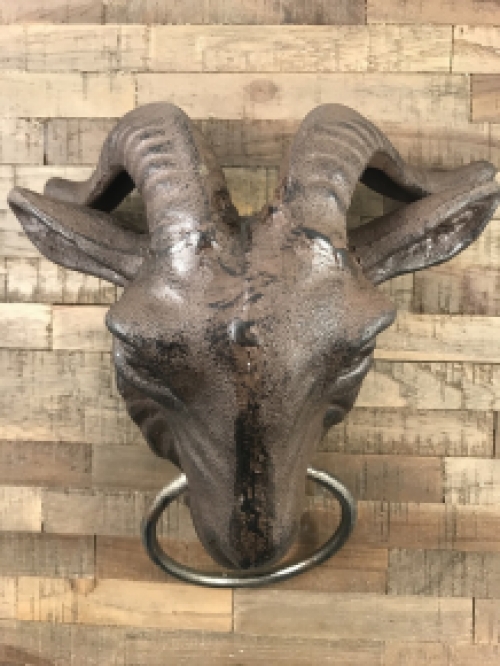 Large door knocker with head of a ram, door knocker with ring, heavy cast iron