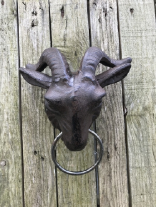 Large door knocker with head of a ram, door knocker with ring, heavy cast iron