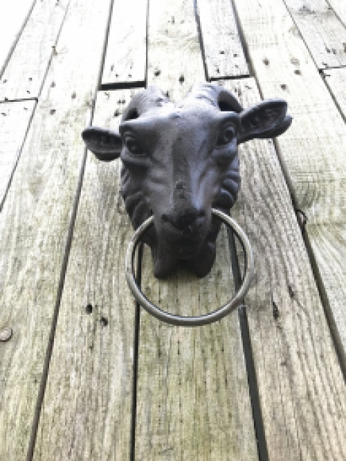 Large door knocker with head of a ram, door knocker with ring, heavy cast iron