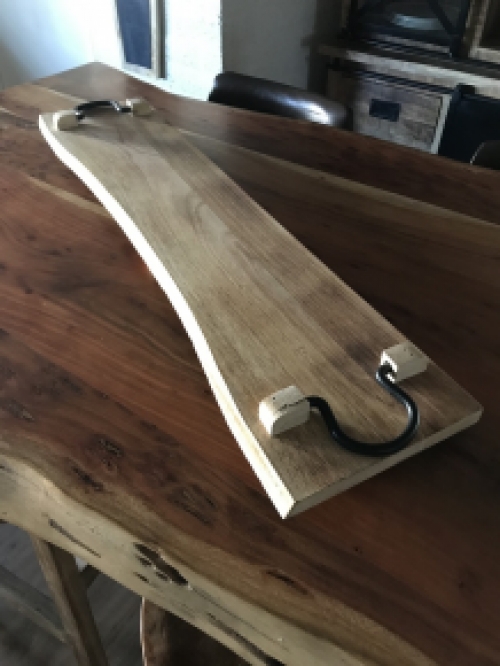 Rustic cutting board, kitchen shelf made of solid wood, tray with metal handles