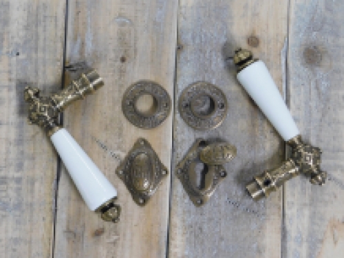 Set deurbeslag met porseleinen handgrepen, historische set, messing, topkwaliteit