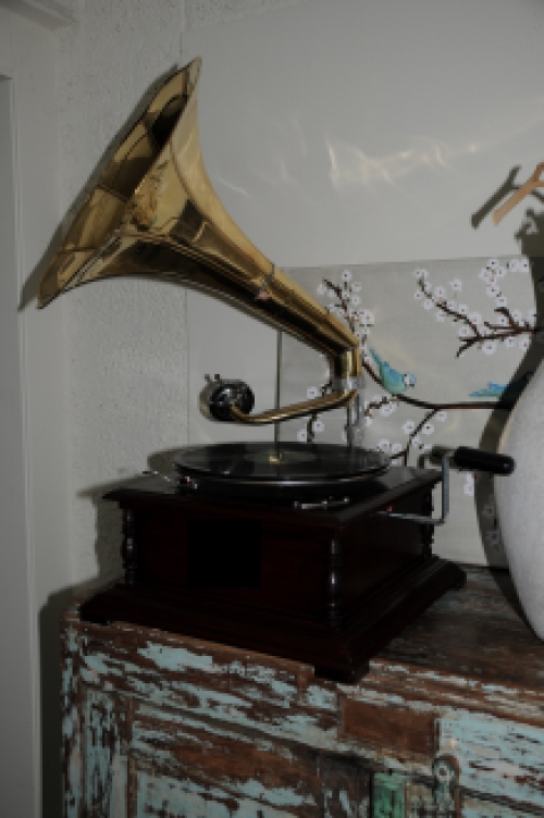 Nostalgic gramophone, record player, wood and metal