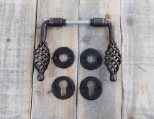 Set of door hardware antique iron - 2 handles , 2 lock rosettes , 2 latch rosettes - PZ for cylinder lock