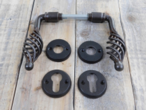 Set of door hardware antique iron - 2 handles , 2 lock rosettes , 2 latch rosettes - PZ for cylinder lock