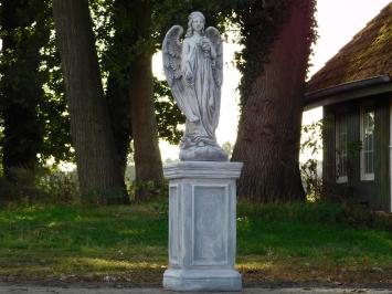 Angel with Flowers on a Pedestal – 105 cm – Made Entirely of Stone