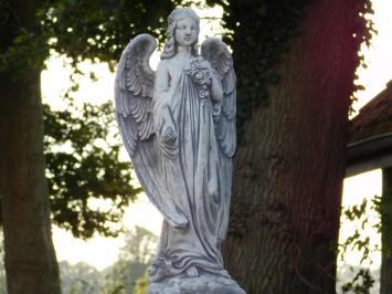 Angel with Flowers on a Pedestal – 105 cm – Made Entirely of Stone