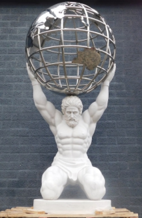 Einzigartige Atlas-Statue mit Weltkugel - Vollmarmor mit Nickel - XXL