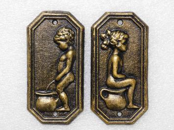 Cast Iron Toilet Signs Man & Woman – Set of 2 in Bronze Look