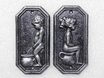 Cast Iron Toilet Signs Man & Woman – Set of 2 in Old Silver Look