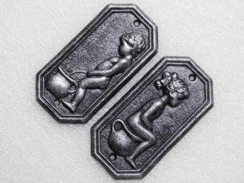 Cast Iron Toilet Signs Man & Woman – Set of 2 in Old Silver Look