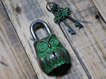 Padlock Owl - Brass - Green Finish - Incl. 2 Keys