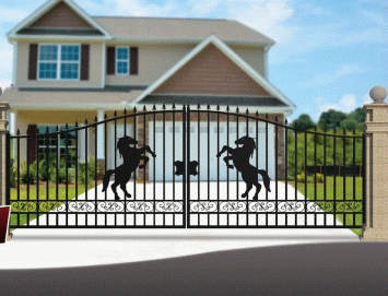 Beautiful black wrought iron gate – 596 cm wide – with rearing horse