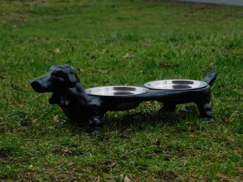 Dog as drinking and feeding bowl - cast iron - stainless steel trays - black