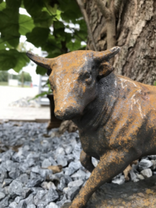 A beautiful statue of a bull, cast iron rest