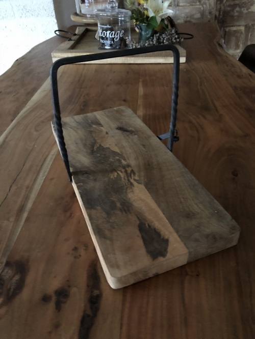 Cutting board with wrought iron bracket, Kitchen board, breakfast board, Sausage board wooden bread board .