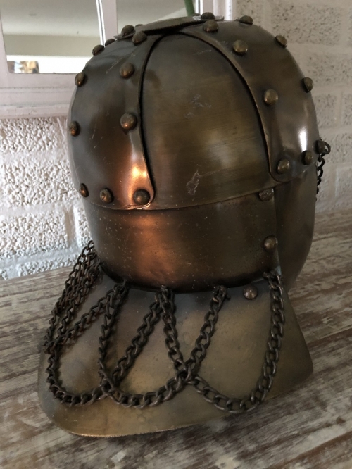 Knight's helmet copper-green, with ear protectors, old condition!