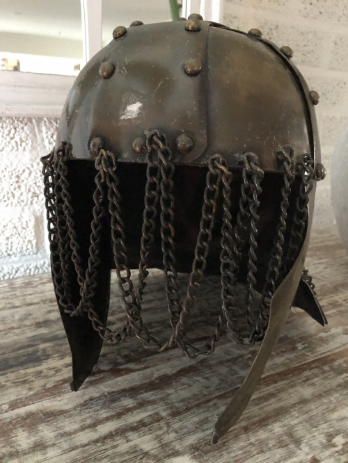 Knight's helmet copper-green, with ear protectors, old condition!