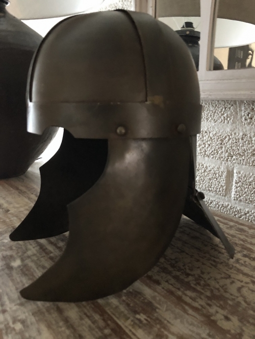 Knight's helmet copper-green metal, with ear protectors, old condition!