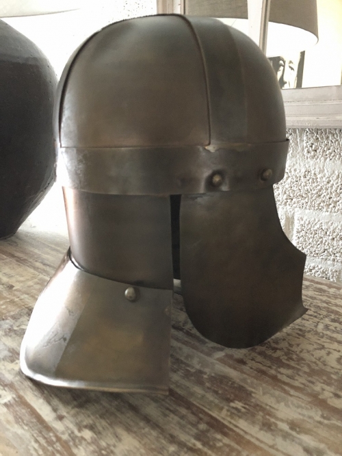 Knight's helmet copper-green metal, with ear protectors, old condition!