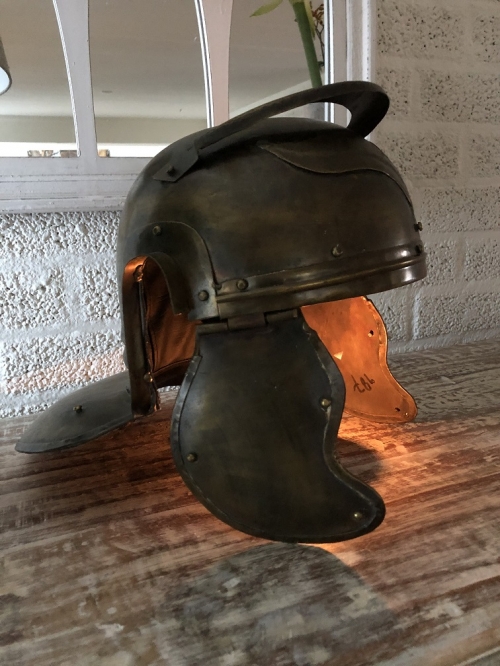 Knight's helmet copper-green-metal, with folding ear protectors, old condition!