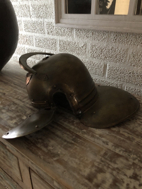 Knight's helmet copper-green-metal, with folding ear protectors, old condition!