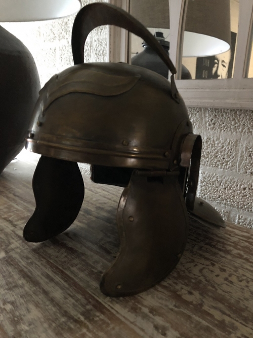 Knight's helmet copper-green-metal, with folding ear protectors, old condition!