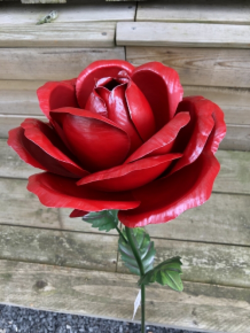 A work of art, this large rose made entirely of metal.