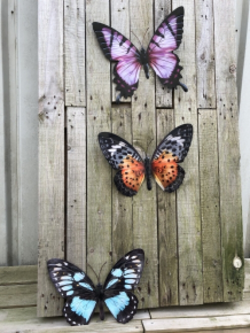 Set mit 3 Schmetterlingen, ganz aus Metall und voller Farbe, verschiedende Farben.