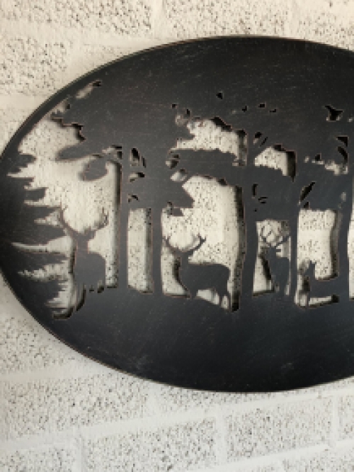 Wall ornament, wall decoration metal oval, deer in the forest.