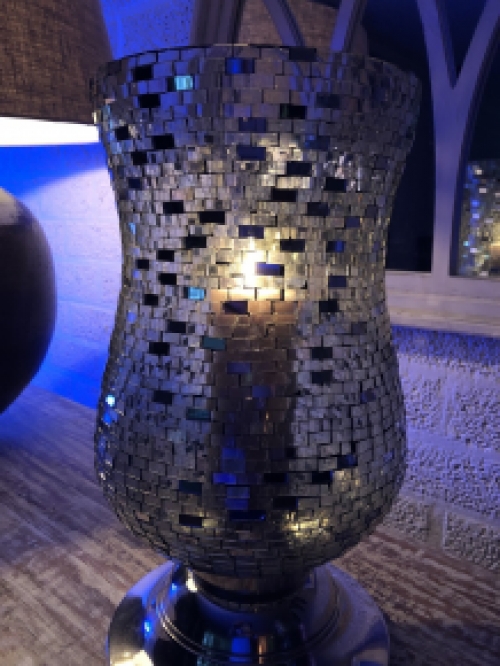 Vase-Windlicht, Kamin moz chrystal, mit verspiegeltem Disco-Effekt auf Nickelsockel