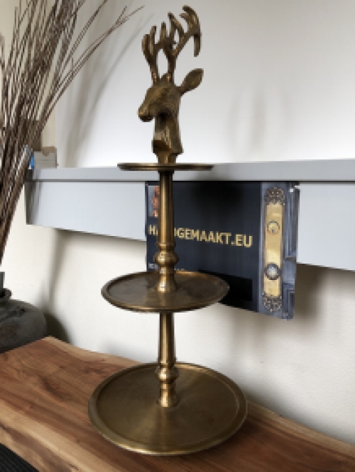 Etagere Alu-Bronze-Look, 3 Schichten mit Hirschkopf mit Geweih als Aufsatz, UNIQUE!