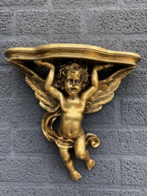 Wandornament, console polystone gold met engel.