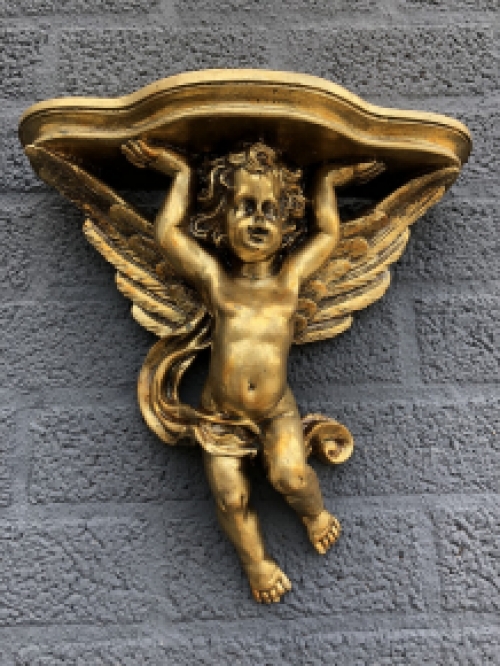 Wandornament, console polystone gold met engel.