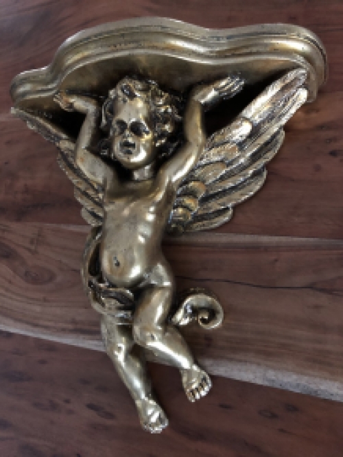 Wandornament, console polystone gold met engel.
