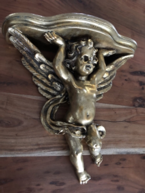 Wandornament, console polystone gold met engel.